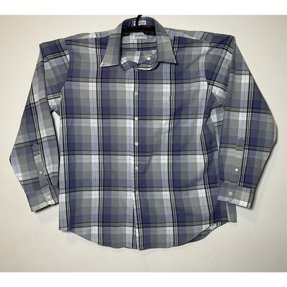 Saks Fifth Avenue Plaid Shirt Blue Gray White Long Sleeve Preppy Classic XL